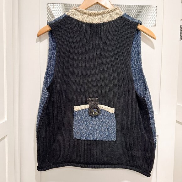 SOLD Vintage Ani Barrie Art Sweater Vest 100% Cotton Blue Black Pockets Knit - Picture 6 of 8